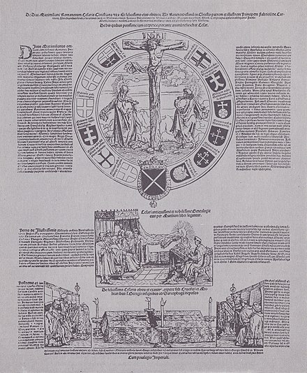 Commemoration print of Maximilian, a flyer created by Hans Weiditz and issued in 1519 after Maximilian's death.[696]