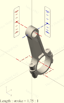 Motion of a connecting rod in steps of 22.5deg crank rotation with scales for ideal sinusoidal motion (red) and actual motion (blue) of the small end for comparison. Conrod 16 x s2.gif