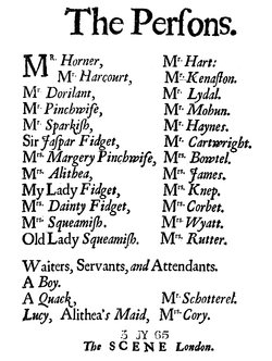 The cast of The Country Wife's original performance Country Wife 1675 cast crop.png