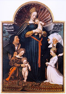 Darmstadt Madonna, with donor portraits, on a Holbein carpet. 1525-26 and 1528. Oil and tempera on limewood, Wurth Collection, Schwabisch Hall. Darmstadtmadonna.jpg