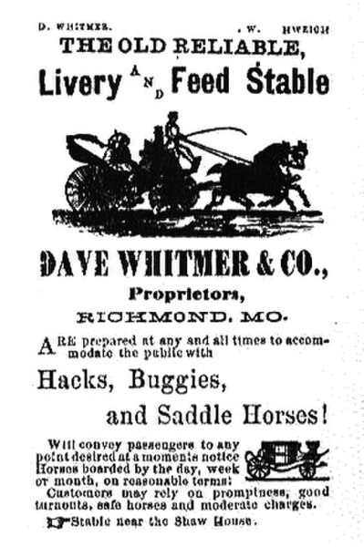 Advertisement for Whitmer's livery stable