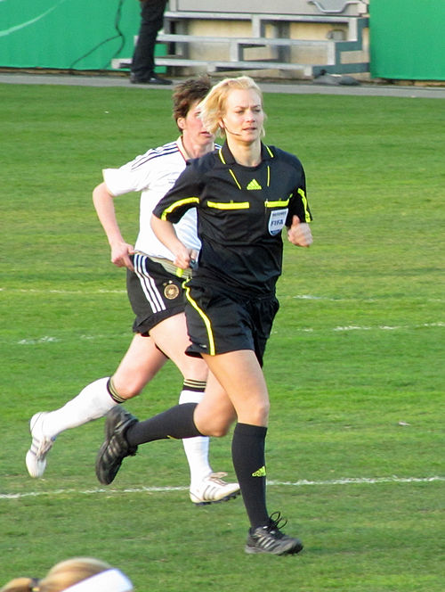 Steinhaus officiating Birgit Prinz's testimonial match in 2012.