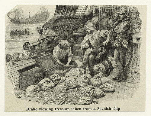 Drake viewing treasure taken from a Spanish ship, print[62] courtesy New York Public Library
