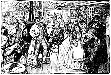 Fanciful drawing of a general store by Marguerite Martyn in the St. Louis Post-Dispatch of October 21, 1906. A man at right reads a notice of a revival service on a bulletin board. Drawing of a country store by Marguerite Martyn.jpg