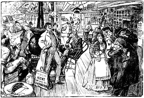 Fanciful drawing of a general store by Marguerite Martyn in the St. Louis Post-Dispatch of October 21, 1906. On the far left, a group of men share reading a newspaper.