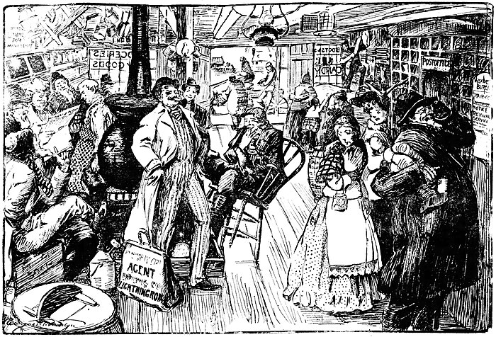 Fanciful drawing by Marguerite Martyn in the St. Louis Post-Dispatch of October 21, 1906, with, on the right, a rural post office in a general store