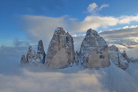 The Tre Cime di Lavaredo in the Dolomites - Aereal view of the Northern face from a helicopter - Dolomites UNESCO World Heritage Site.