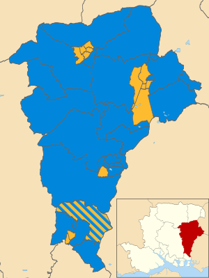 Map of the results of the 2007 East Hampshire council election. Conservatives in blue and Liberal Democrats in yellow. East Hampshire UK local election 2007 map.svg