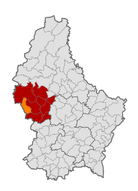 Map of Luxembourg with Ell highlighted in orange, and the——canton in dark red