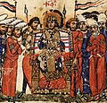 『スキュリツェス年代記』の挿入り写本に描かれた、玉座に座る東ローマ皇帝テオフィロス