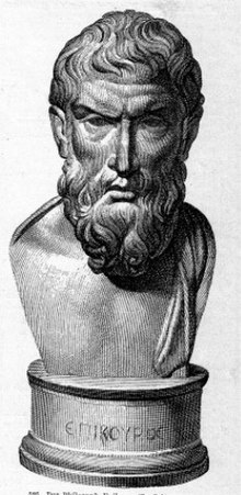 Illustration from 1885 of a small bronze bust of Epicurus from Herculaneum. Three Epicurus bronze busts were recovered from the Villa of the Papyri, as well as text fragments.[40]