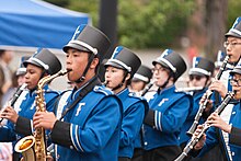 Fairfax High School's marching band performing on Independence Day in July 2016 Fairfax July 4th QD3J0047 (28096538576).jpg
