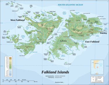 Map of the Falkland Islands showing Port Albemarle. Falkland Islands topographic map-en.svg