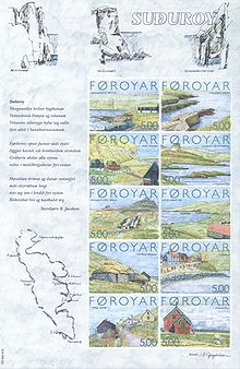 Briefmarkenblock mit Dorfmotivien auf Suðuroy von 2004. Von links nach rechts und oben nach unten (und Nord nach Süd): Sandvík, Hvalba, Froðba, Øravík, Fámjin, Hov, Porkeri, Akrar, Sumba, Akraberg. Künstler: Jákup Pauli Gregoriussen.