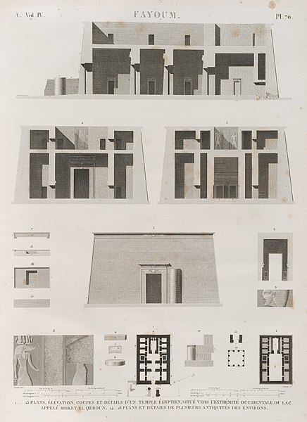 Pl.70 - 1-13. Plans, élévation, coupes et détails d'un temple égyptien, situé vers l'extrémité occidentale du lac appelé Birket el-Qeroun (Birket Qarun, or Lake Moeris); 14-18