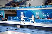 Deutsch: Fechten bei den Olympischen Jugend-Sommerspielen 2018: Tag 1, 7. Oktober 2018, Jungen, Säbel, Kampf um Bronze - Mazen Elaraby (EGY) - Robert Vidovszky (USA) 15:10 English: Fencing at the 2018 Summer Youth Olympics at 7 October 2018 – Boys' sabre Bronze medal match – Mazen Elaraby (EGY) Vs Robert Vidovszky (USA) 15:10