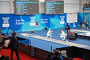 Deutsch: Fechten bei den Olympischen Jugend-Sommerspielen 2018: Tag 1, 7. Oktober 2018, Jungen, Säbel, Viertelfinale - Samuel Jarry (FRA) - Mazen Elaraby (EGY) 14:15 English: Fencing at the 2018 Summer Youth Olympics at 7 October 2018 – Boys' sabre Quarterfinals – Samuel Jarry (FRA) Vs Mazen Elaraby (EGY) 14:15