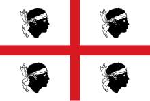 The flag of Sardinia, including four "Maure" motifs, or Moors' heads. Flag of Sardinia, Italy.svg