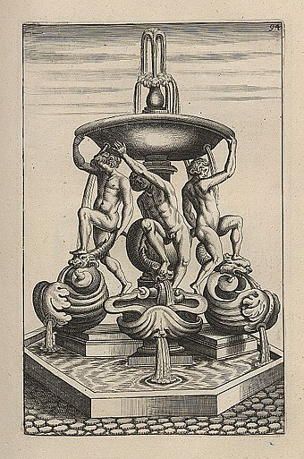 A copy of an engraving of the fountain made in 1664. It does not show the turtles, which were added in 1658 or 1659 when the fountain was restored.