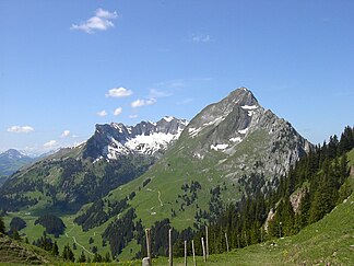 Dent de Brenleire (2'353,2 m ü. M., rächts vorne) un Vanil Noir (2'389 m ü. M., hinte)