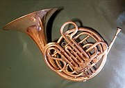 A horn, one of the important instruments in blues music French horn blue background.jpg