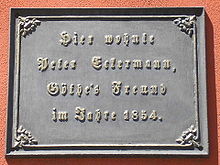 Gedenktafel an dem Haus, in dem Eckermann 1854 in Ilmenau wohnte (Quelle: Wikimedia)