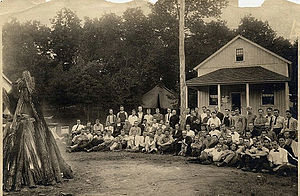 Pinchot visiting summer campers attending the School of Forestry camp at Grey Towers (Pinchot is with the dog), 1910