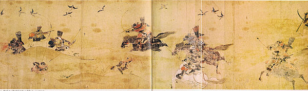 Japanese mounted archers in the Gosannen War, 14th century painting by Hidanokami Korehisa