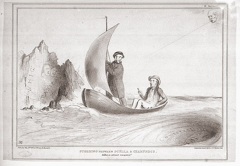 File:HB Sketches No.685. Steering between Scylla and Charybdis. Rather an awkward navigation (caricature) RMG PW3909.jpg