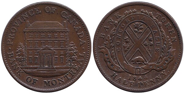 Bank of Montreal on an 1844 Province of Canada Token.