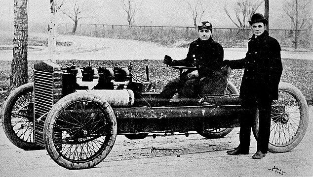Barney Oldfield and Henry Ford with Oldfield's 999 speedster, 1902