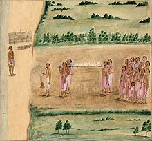 An 1820 painting showing a Hindu funeral procession in South India. The pyre is to the left, near a river, the lead mourner is walking in front, the dead body is wrapped in white and is being carried to the cremation pyre, relatives and friends follow. Hindu funeral.jpg