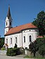 Hinterholzhausen; katholische Filialkirche Kreuzerhöhung, Saalbau mit eingezogenem halbrundem Chor, Frühwerk von Johann Baptist Lethner, 1753, neugoti...