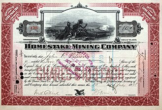 Share of the Homestake Mining Company, issued July 15, 1908 Homestake Mining 1908.JPG