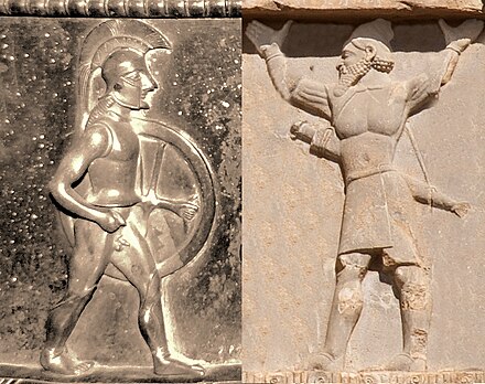 Probable Spartan hoplite (Vix crater, c. 500 BCE),[81] and a Hindush warrior of the Achaemenid army[82][83] (tomb of Xerxes I, c. 480 BCE), at the time of the Second Persian invasion of Greece (480–479 BCE).
