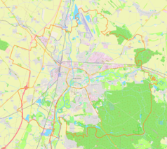 Mapa konturowa Hradec Králové, blisko centrum na dole znajduje się punkt z opisem „Třebeš”