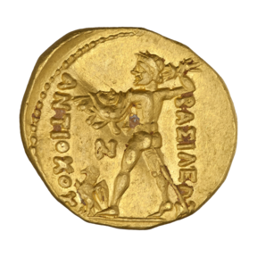 Gold Stater of Diodotus I from 'Series A', issue 7. Obverse: Diademed head of Diodotos I, facing right. Reverse: Zeus advancing left, holding thunderbolt in right hand, aegis draped over extended left arm, Ν control-mark at left, eagle at his feet standing left, Ancient Greek: ΒΑΣΙΛΕΩΣ ΑΝΤΙΟΧΟΥ ('Of King Antiochus')