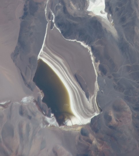 High-elevation photo of a brown lake with a white-brownish plain next to it