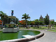 Independence Square with fountain and Basseterre Co-Cathedral of Immaculate Conception.JPG