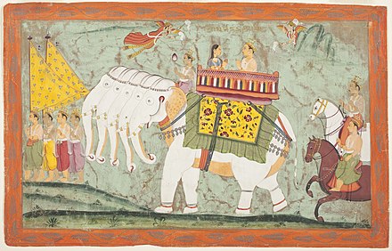 Indra (alias Sakra) and Sachi riding the five-headed divine elephant Airavata, folio from a Jain text, c. 1670–1680, painting in LACMA museum, originally from Amber, Rajasthan