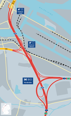 Oversiktskart over Norderelbe autobahn-trekanten