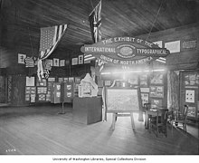 International Typographical Union exhibit at the Alaska-Yukon-Pacific Exposition, Seattle, 1909 International Typographical Union exhibit, Forestry Building, Alaska-Yukon-Pacific-Exposition, Seattle, Washington, 1909 (AYP 1107).jpeg