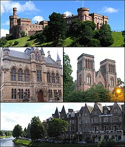 Clockwise from top: Inverness Castle, Inverness Cathedral, Ness Walk and Inverness Town House.