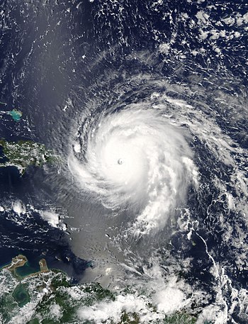 Hurricane Irma struck the British Virgin Islands with devastating effect on 6 September 2017, one of two Category-5 hurricanes to strike within a fortnight. Irma 2017-09-06 1745Z.jpg