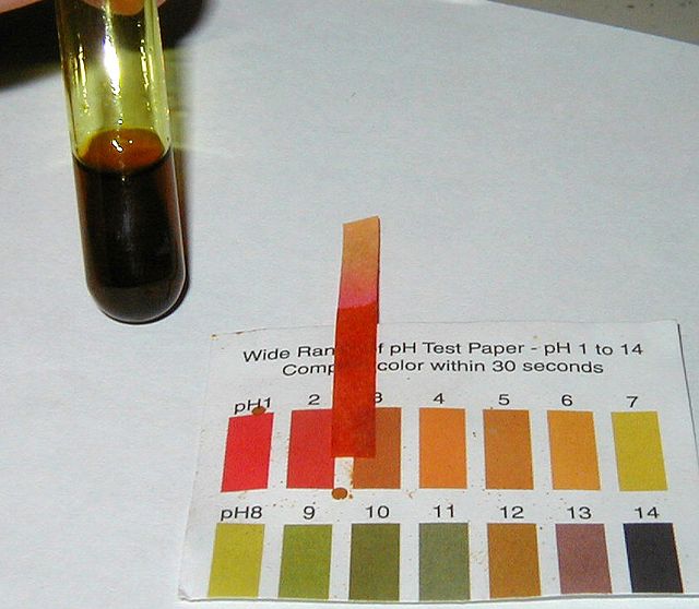 A brown, acidic solution of iron(III) chloride.