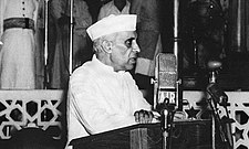 Jawaharlal Nehru gives his "tryst with destiny" speech at Parliament House in New Delhi in 1947 (02).jpg