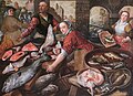 Fishmonger displaying cod steaks at a 16th century fish market.