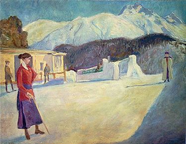 Portrait of the start of the St. Moritz-Celerina Olympic Bobrun in 1905. The venue hosted the bobsleigh events for both the 1928 and the 1948 Winter Olympics. Johannes Martini Bobbahn St Moritz.jpg