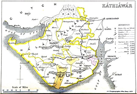 Kathiawar 1855 with its four prant districts: Halar, Jhalavad, Sorath and Gohelwad. Kathiawar map.jpg