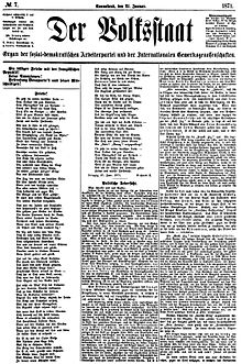 Front page, 21 January 1871 Lavant Der Volksstaat Friede.jpg